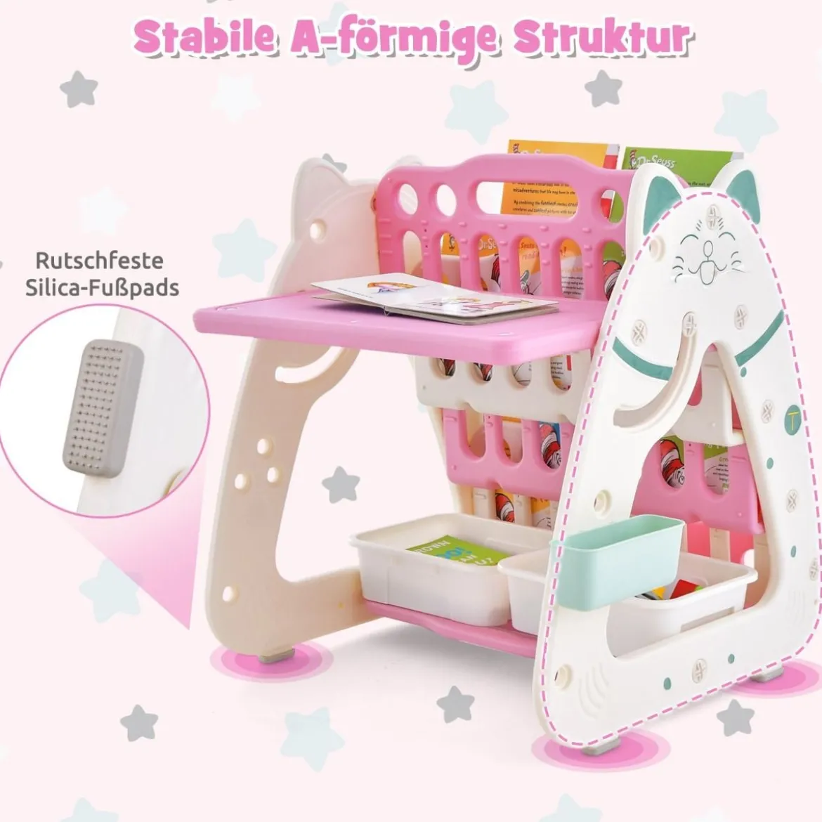 3 in 1 Kinder Sitzgruppe & Tafel & Bücherregal mit 3 Aufbewahrungsboxen & Hocker Rosa
