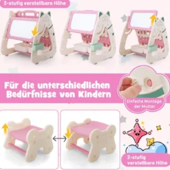 3 in 1 Kinder Sitzgruppe & Tafel & Bücherregal mit 3 Aufbewahrungsboxen & Hocker Rosa