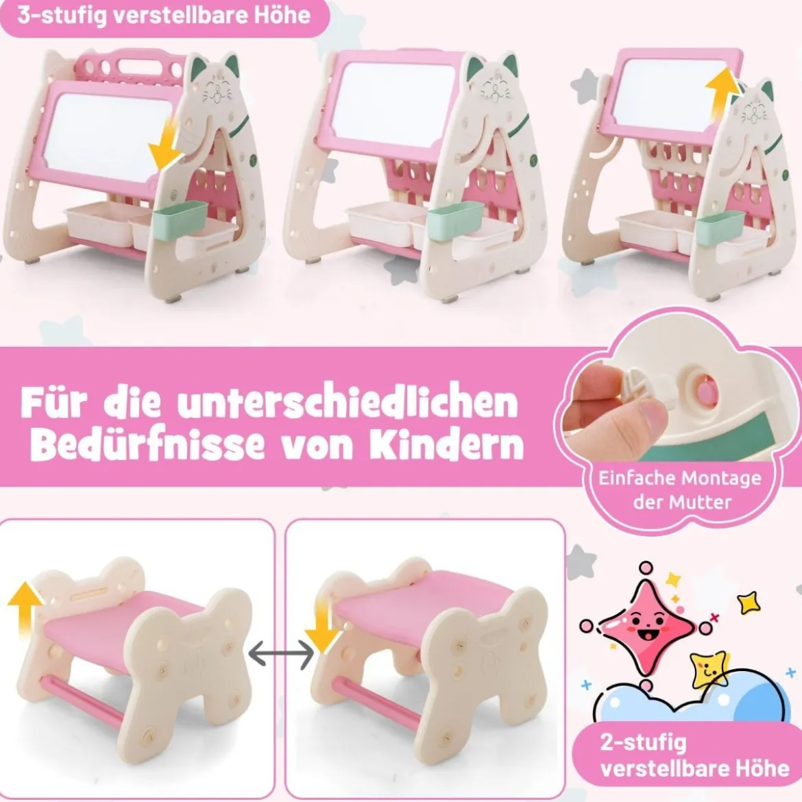 3 in 1 Kinder Sitzgruppe & Tafel & Bücherregal mit 3 Aufbewahrungsboxen & Hocker Rosa