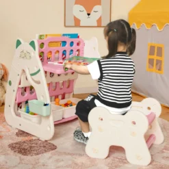 3 in 1 Kinder Sitzgruppe & Tafel & Bücherregal mit 3 Aufbewahrungsboxen & Hocker Rosa