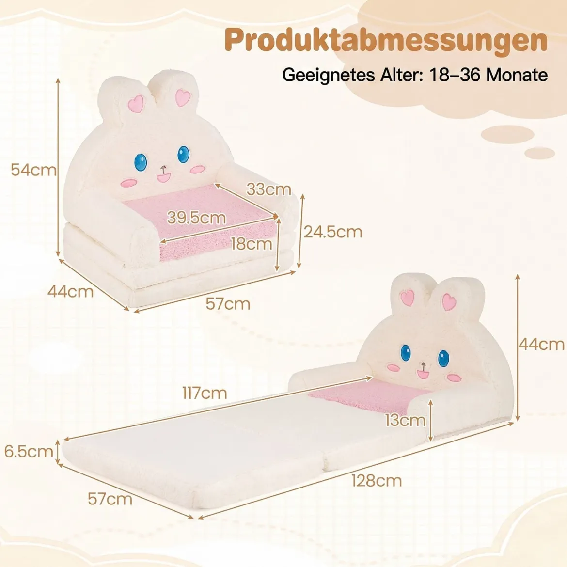 2 in 1 Kindersofa Ausklappbar Kindersessel Umwandelbar Schlafsofa in Hasenform Rosa