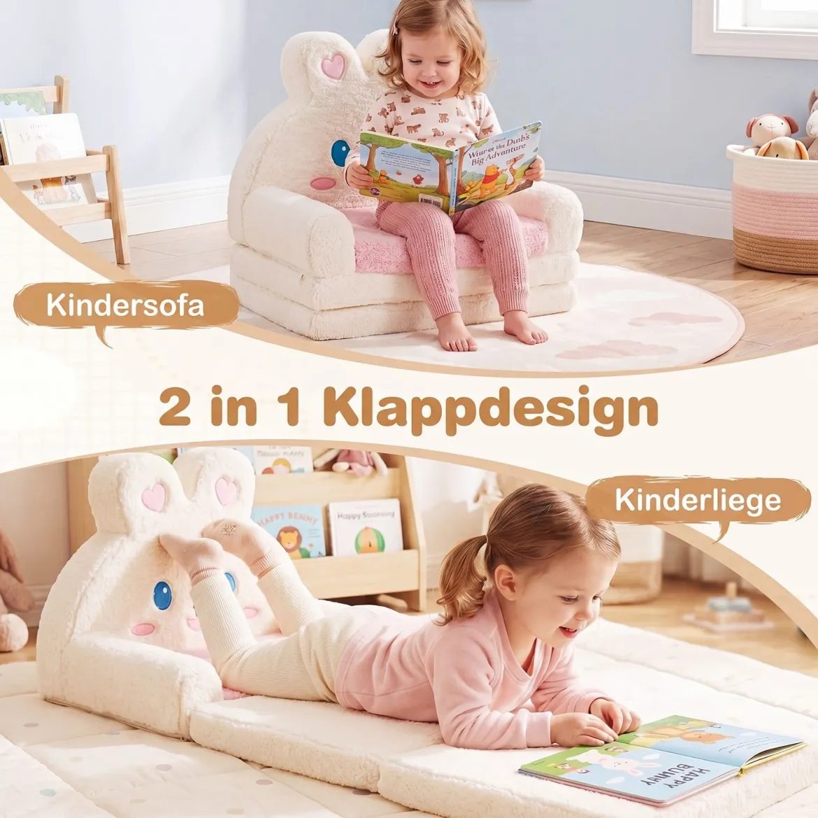 2 in 1 Kindersofa Ausklappbar Kindersessel Umwandelbar Schlafsofa in Hasenform Rosa