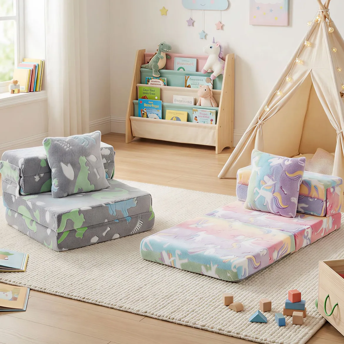 3 in 1 Kindersofa im Dunkeln Leuchtend mit Kissen & Abnehmbarem Bezug Gepolsterter Kindersessel Bunt