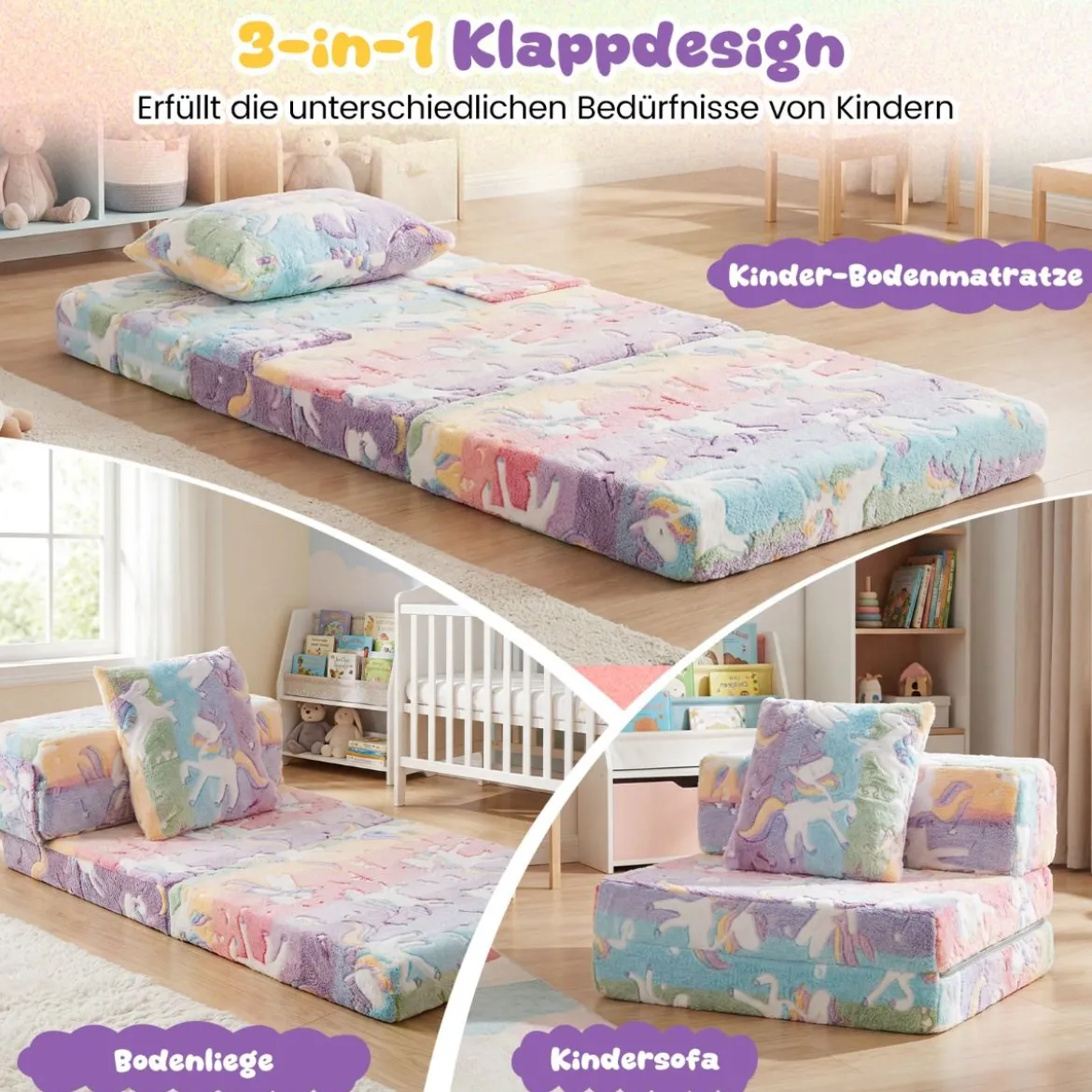 3 in 1 Kindersofa im Dunkeln Leuchtend mit Kissen & Abnehmbarem Bezug Gepolsterter Kindersessel Bunt