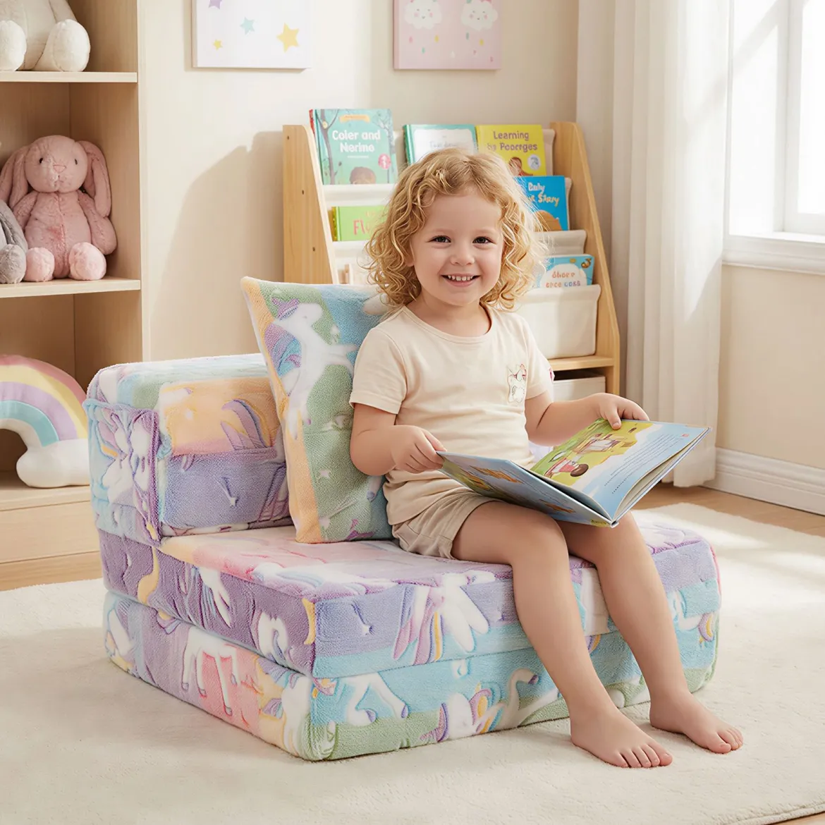 3 in 1 Kindersofa im Dunkeln Leuchtend mit Kissen & Abnehmbarem Bezug Gepolsterter Kindersessel Bunt