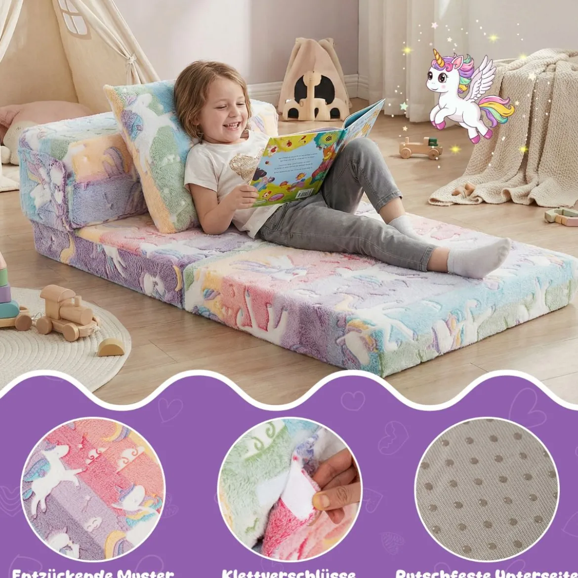 3 in 1 Kindersofa im Dunkeln Leuchtend mit Kissen & Abnehmbarem Bezug Gepolsterter Kindersessel Bunt
