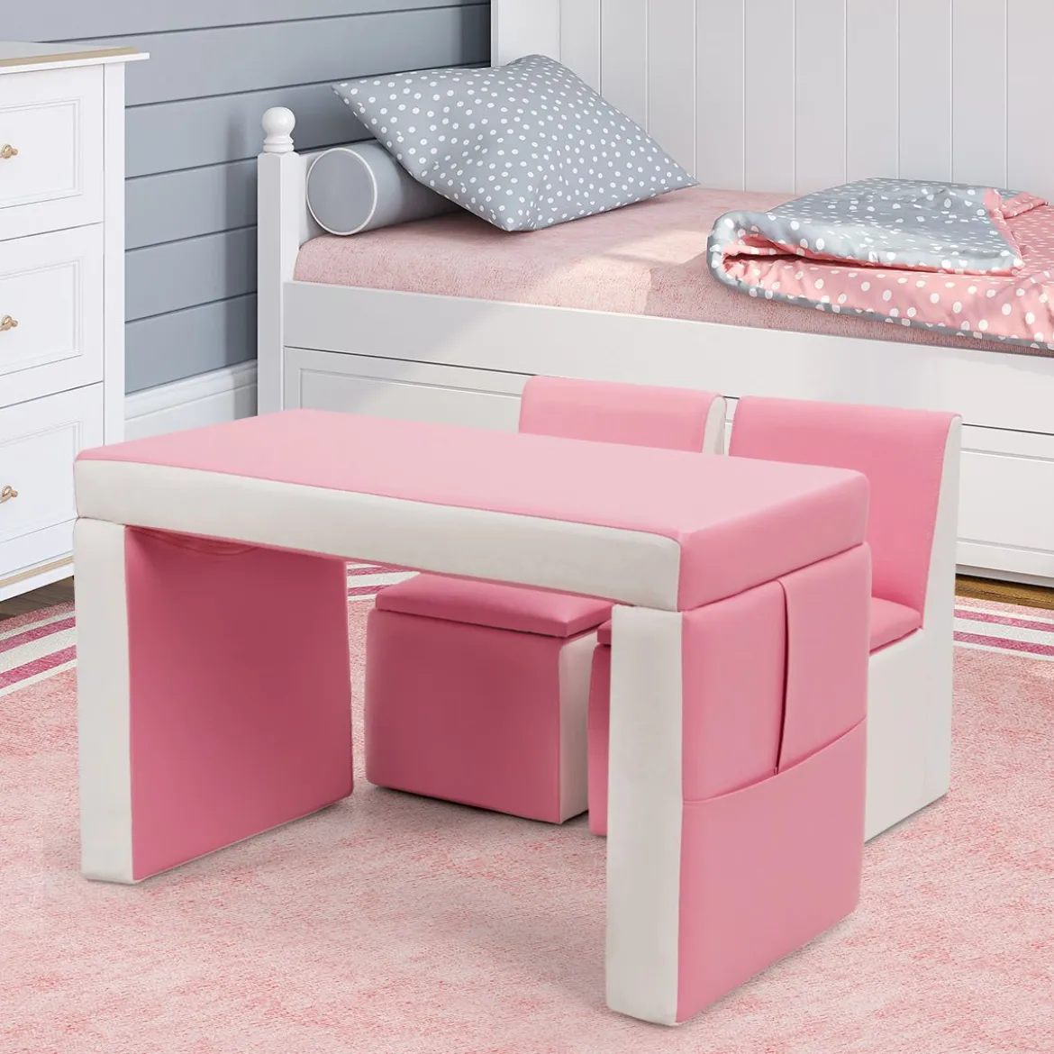 2 in 1 Kindersofa mit Tisch & 2 Stühle & Holzrahmen & PVC-Oberfläche Rosa