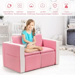 2 in 1 Kindersofa mit Tisch & 2 Stühle & Holzrahmen & PVC-Oberfläche Rosa