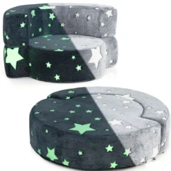 2 in 1 Kindersofa rund Spielsofa im Dunkeln Leuchtend Kindercouch gepolstert mit abnehmbarem Bezug Grau/Blau