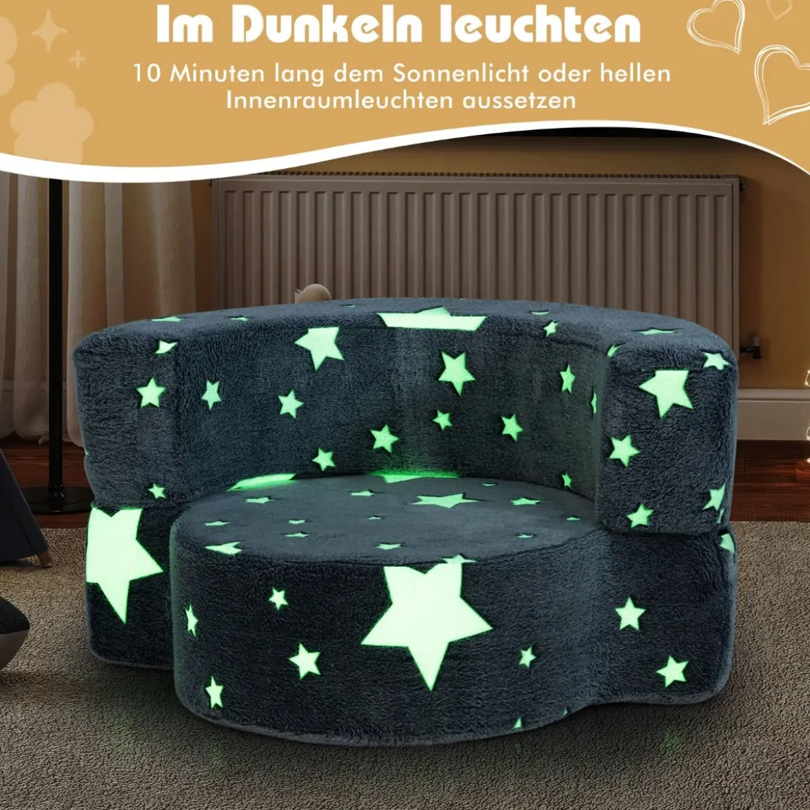 2 in 1 Kindersofa rund Spielsofa im Dunkeln Leuchtend Kindercouch gepolstert mit abnehmbarem Bezug Grau/Blau