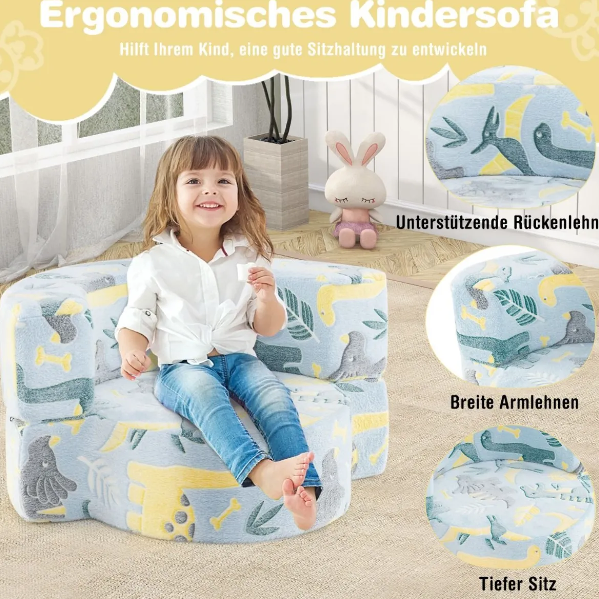2 in 1 Kindersofa rund Spielsofa im Dunkeln Leuchtend Kindercouch gepolstert mit abnehmbarem Bezug Grau/Blau
