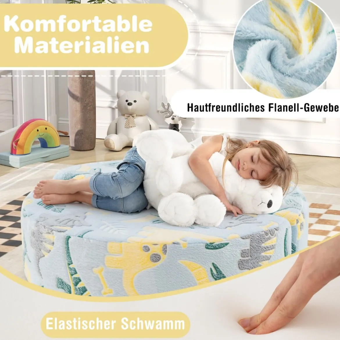 2 in 1 Kindersofa rund Spielsofa im Dunkeln Leuchtend Kindercouch gepolstert mit abnehmbarem Bezug Grau/Blau