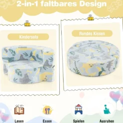 2 in 1 Kindersofa rund Spielsofa im Dunkeln Leuchtend Kindercouch gepolstert mit abnehmbarem Bezug Grau/Blau