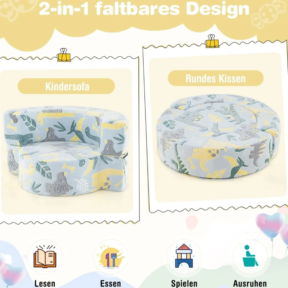 2 in 1 Kindersofa rund Spielsofa im Dunkeln Leuchtend Kindercouch gepolstert mit abnehmbarem Bezug Grau/Blau