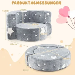 2 in 1 Kindersofa rund Spielsofa im Dunkeln Leuchtend Kindercouch gepolstert mit abnehmbarem Bezug Grau/Blau