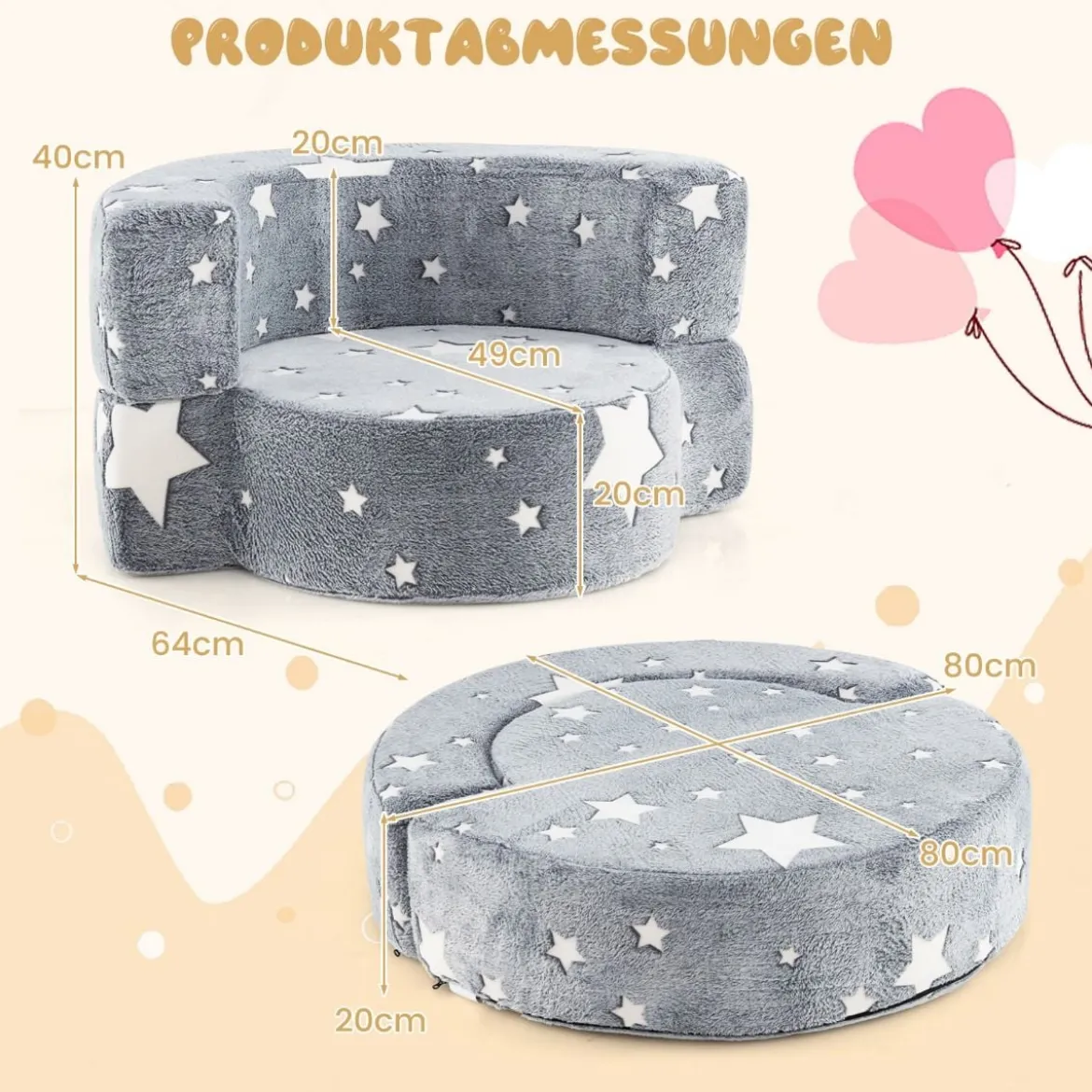 2 in 1 Kindersofa rund Spielsofa im Dunkeln Leuchtend Kindercouch gepolstert mit abnehmbarem Bezug Grau/Blau