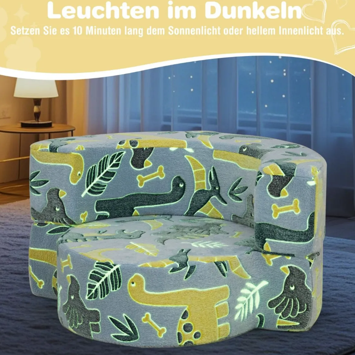 2 in 1 Kindersofa rund Spielsofa im Dunkeln Leuchtend Kindercouch gepolstert mit abnehmbarem Bezug Grau/Blau
