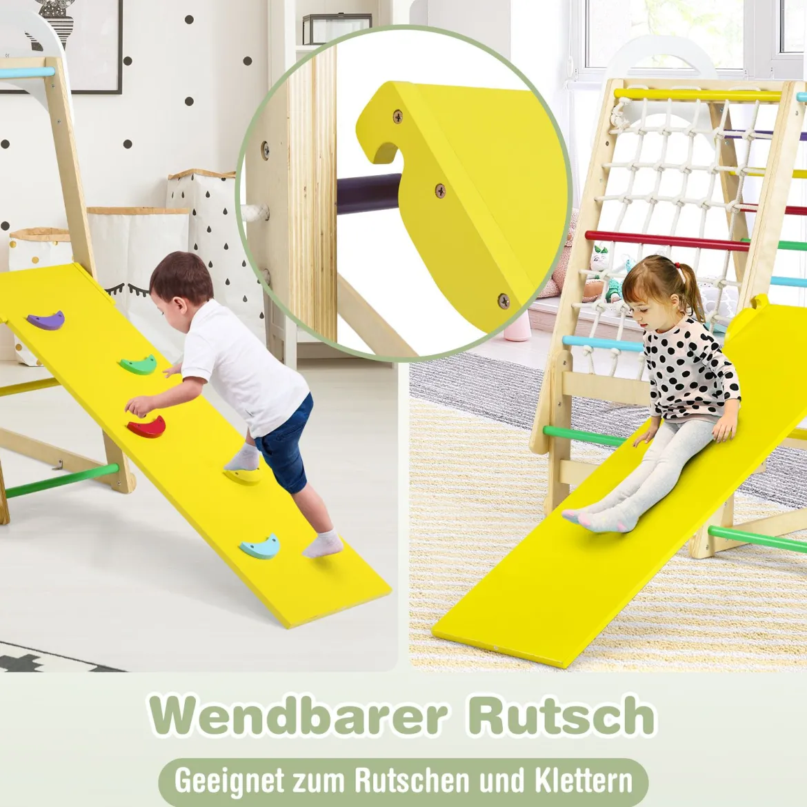 6-in-1 Kinderspielplatz für drinnen Holz Klettergerüst mit Rutsche Affenstangen Natur