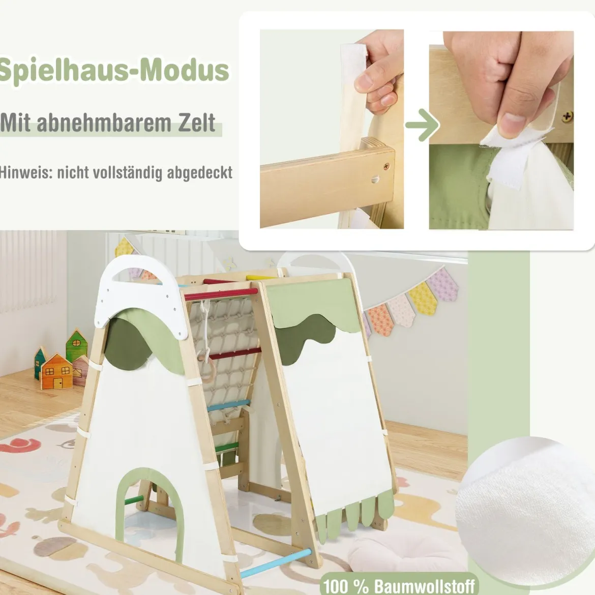 6-in-1 Kinderspielplatz für drinnen Holz Klettergerüst mit Rutsche Affenstangen Natur