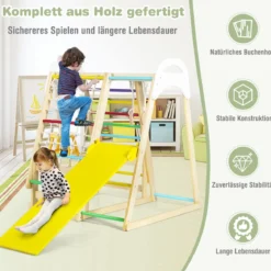 6-in-1 Kinderspielplatz für drinnen Holz Klettergerüst mit Rutsche Affenstangen Natur