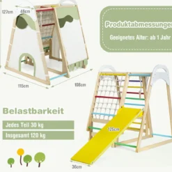 6-in-1 Kinderspielplatz für drinnen Holz Klettergerüst mit Rutsche Affenstangen Natur