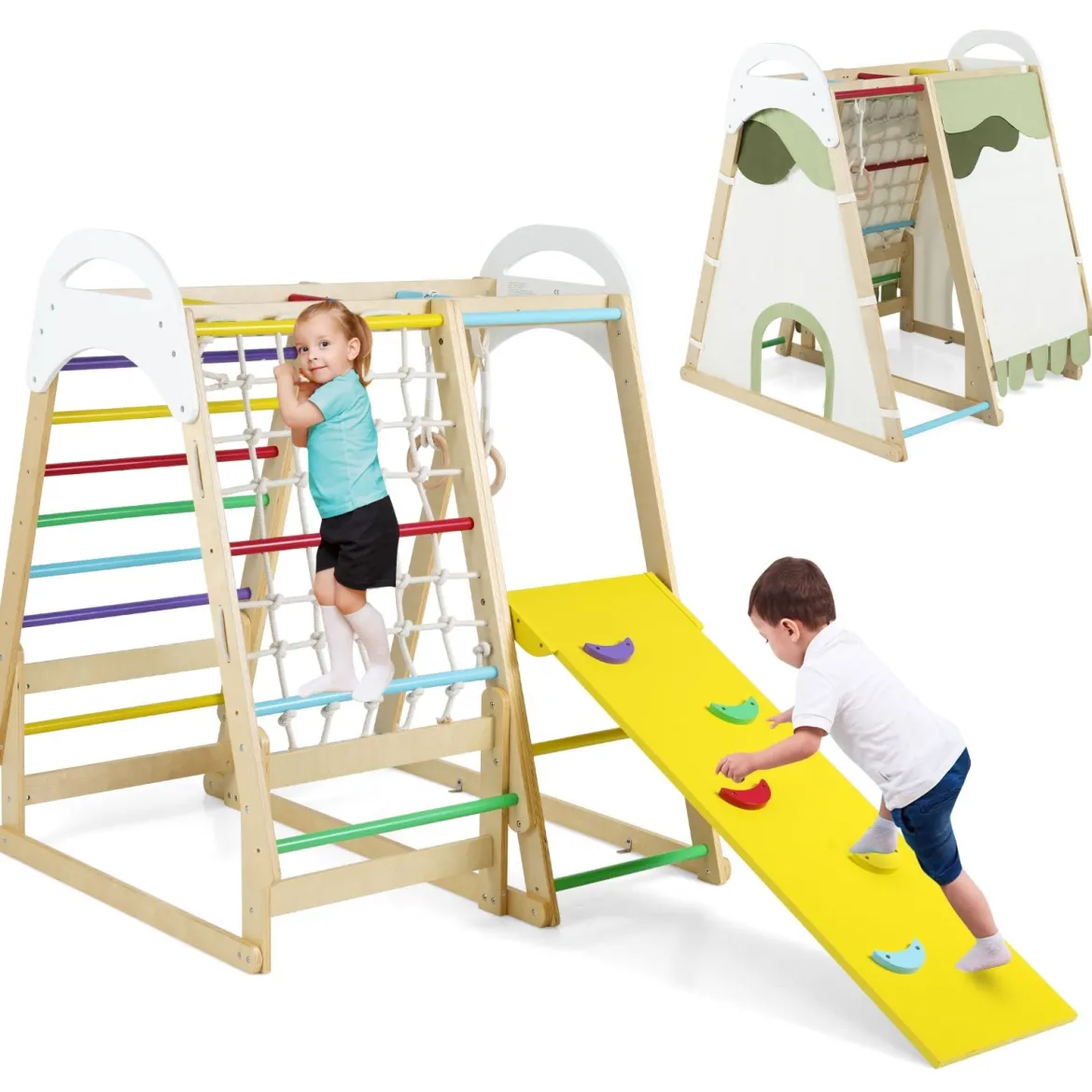 6-in-1 Kinderspielplatz für drinnen Holz Klettergerüst mit Rutsche Affenstangen Natur