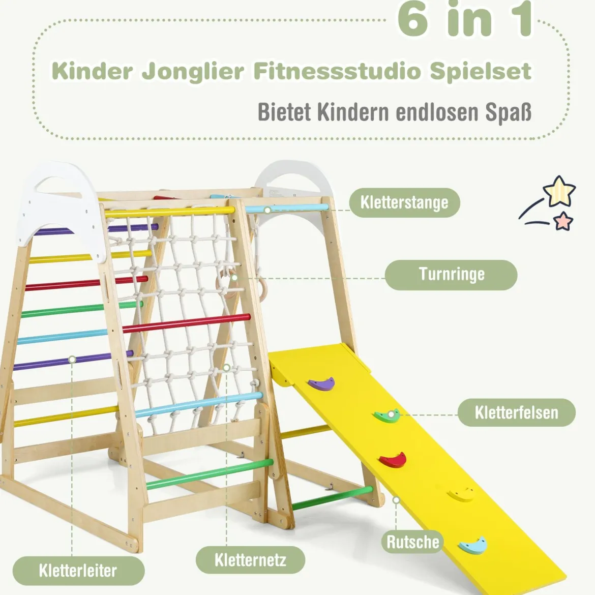6-in-1 Kinderspielplatz für drinnen Holz Klettergerüst mit Rutsche Affenstangen Natur