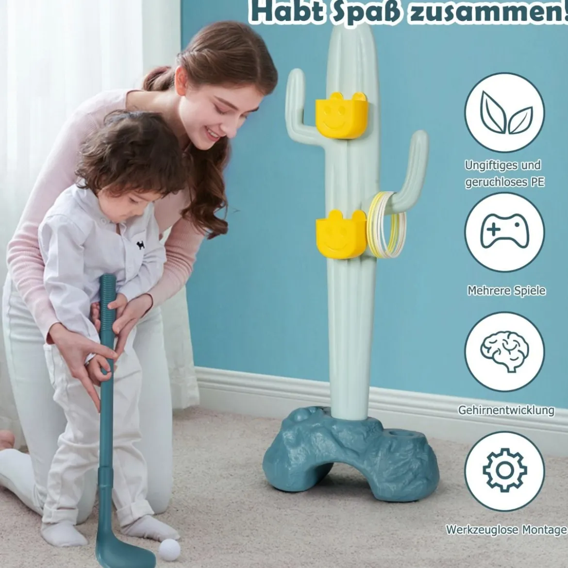 3 in 1 Kinder Spielplatz Kinder Golfset & Ringwurfspiel & Bohnensäckchen 38 x 22 x 103 cm Bunt