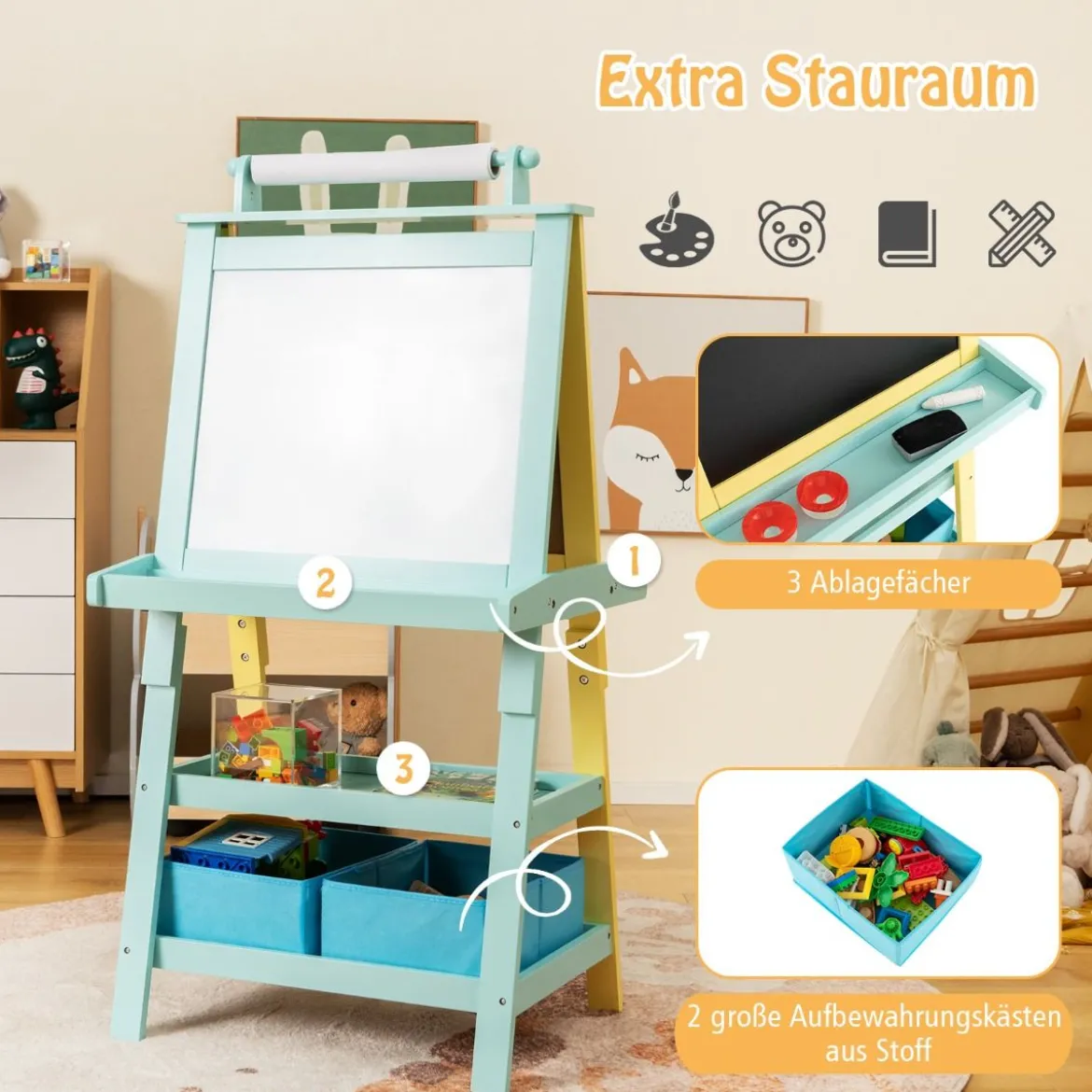 3 in 1 Kinder Staffelei Doppelseitig Whiteboard & Kreidetafel & Zeichenpapier Gelb + Blau
