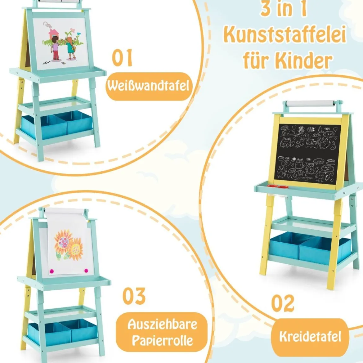 3 in 1 Kinder Staffelei Doppelseitig Whiteboard & Kreidetafel & Zeichenpapier Gelb + Blau