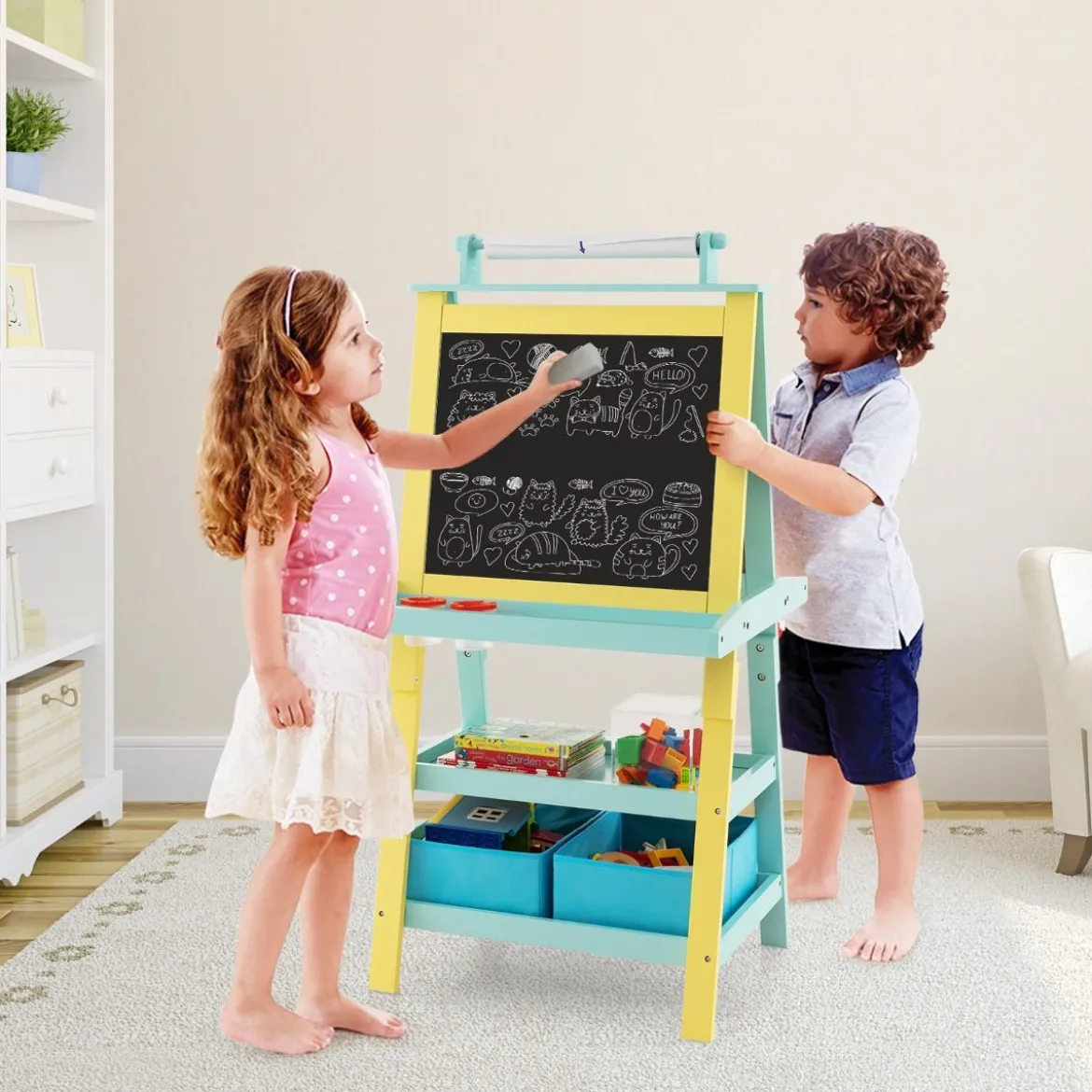3 in 1 Kinder Staffelei Doppelseitig Whiteboard & Kreidetafel & Zeichenpapier Gelb + Blau