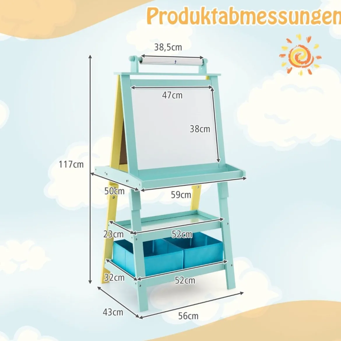 3 in 1 Kinder Staffelei Doppelseitig Whiteboard & Kreidetafel & Zeichenpapier Gelb + Blau