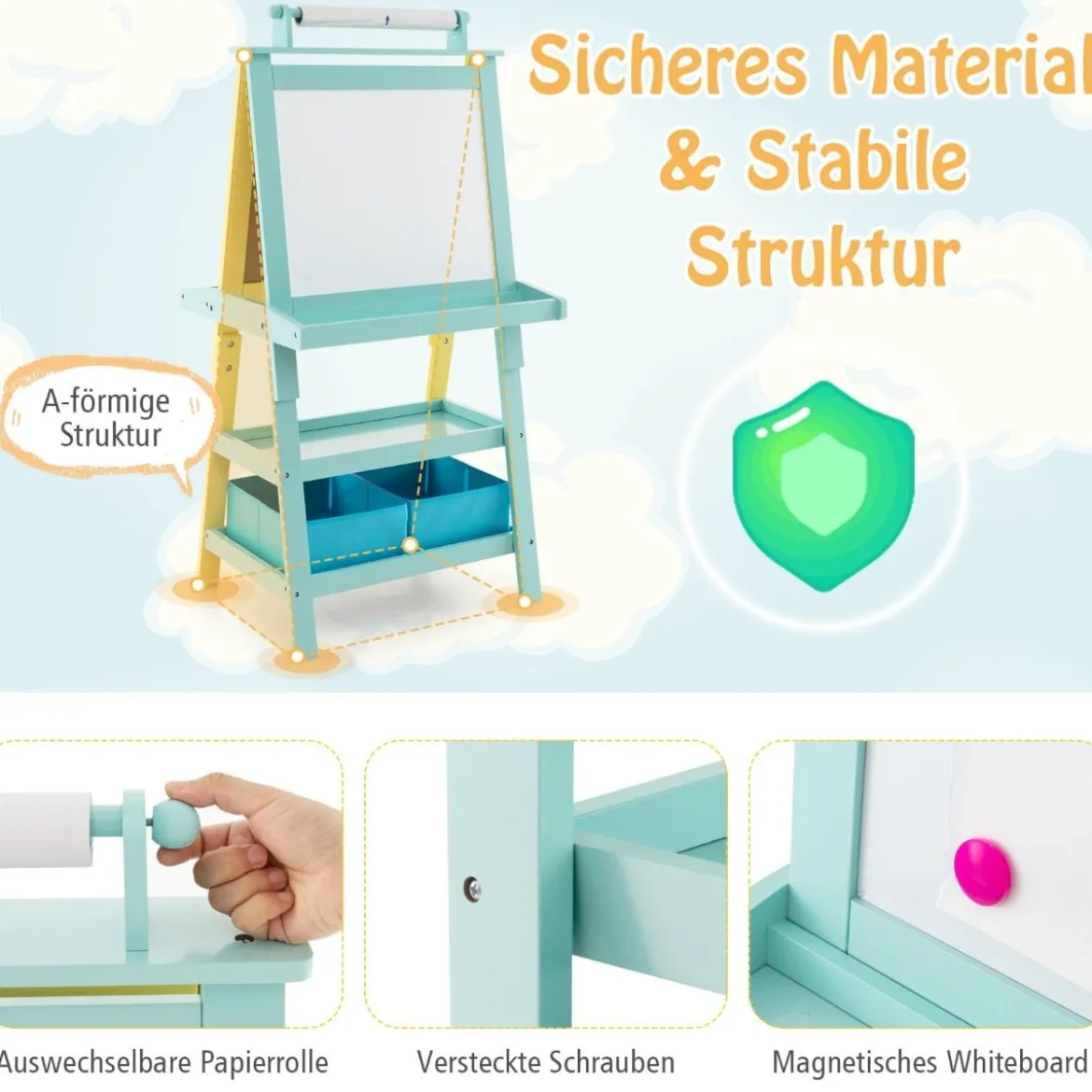 3 in 1 Kinder Staffelei Doppelseitig Whiteboard & Kreidetafel & Zeichenpapier Gelb + Blau
