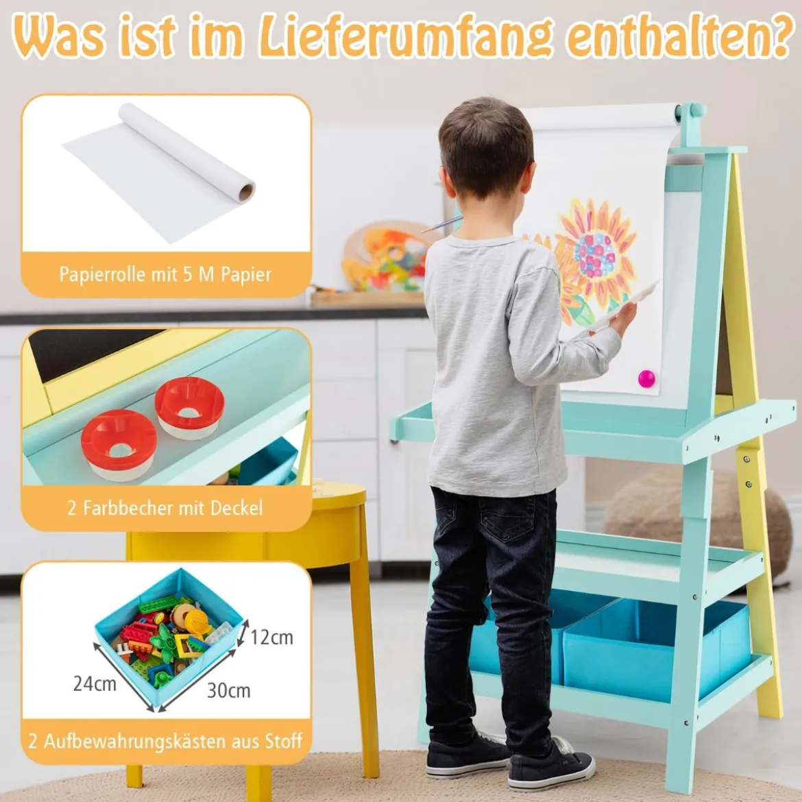 3 in 1 Kinder Staffelei Doppelseitig Whiteboard & Kreidetafel & Zeichenpapier Gelb + Blau