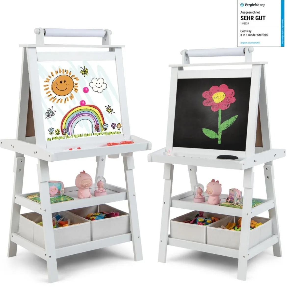 3 in 1 Kinder Staffelei Doppelseitig Whiteboard & Kreidetafel & Zeichenpapier Standtafel Weiß