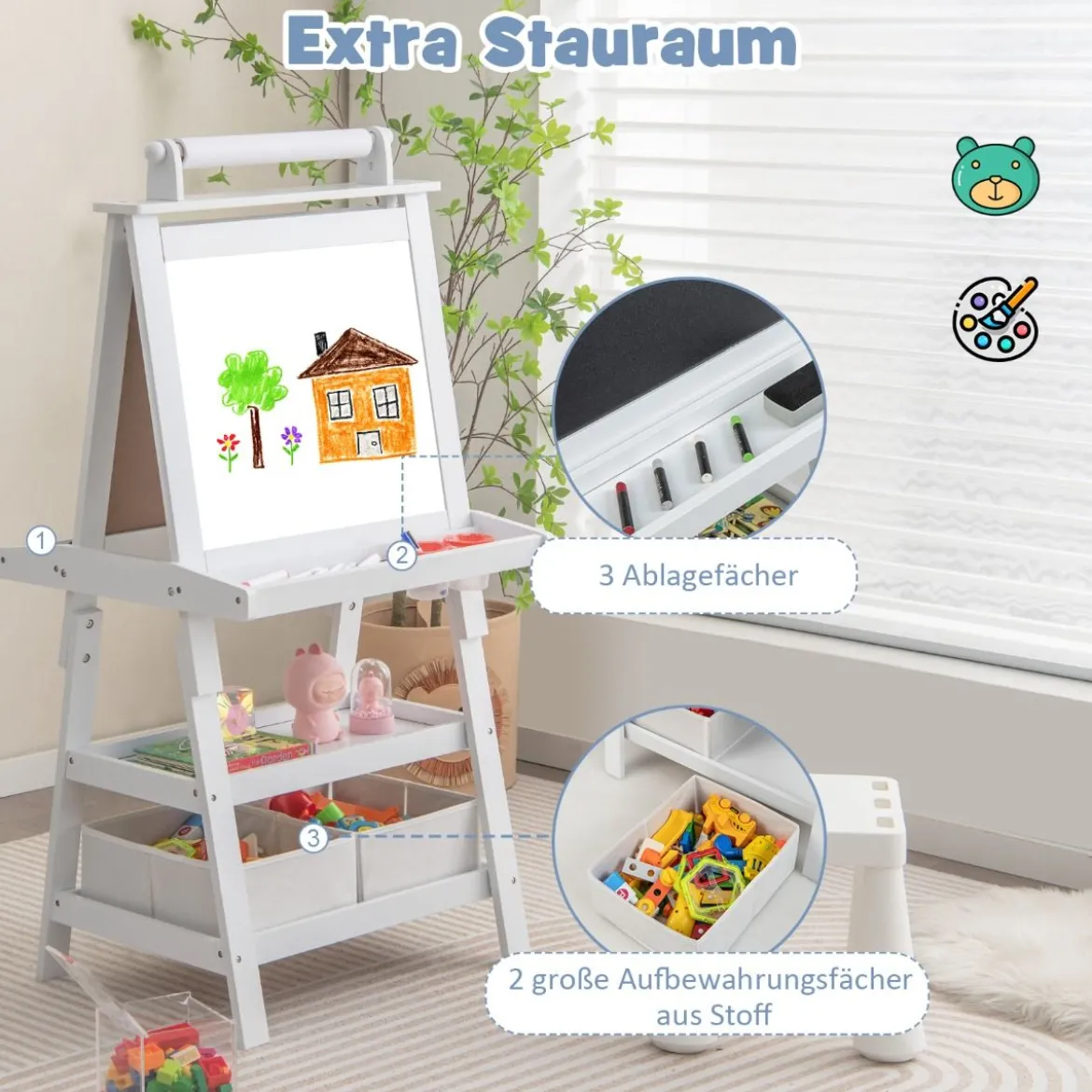 3 in 1 Kinder Staffelei Doppelseitig Whiteboard & Kreidetafel & Zeichenpapier Standtafel Weiß