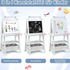3 in 1 Kinder Staffelei Doppelseitig Whiteboard & Kreidetafel & Zeichenpapier Standtafel Weiß