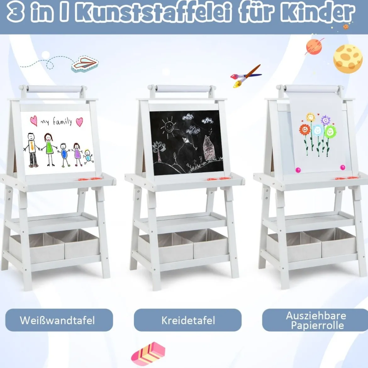 3 in 1 Kinder Staffelei Doppelseitig Whiteboard & Kreidetafel & Zeichenpapier Standtafel Weiß