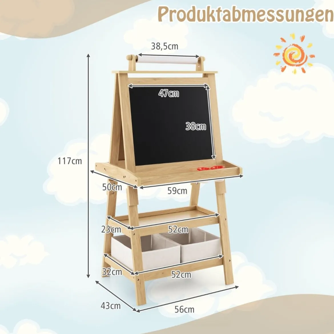 3 in 1 Kinder Staffelei Doppelseitig Whiteboard & Kreidetafel & Zeichenpapier Natur
