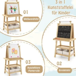 3 in 1 Kinder Staffelei Doppelseitig Whiteboard & Kreidetafel & Zeichenpapier Natur