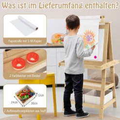 3 in 1 Kinder Staffelei Doppelseitig Whiteboard & Kreidetafel & Zeichenpapier Natur