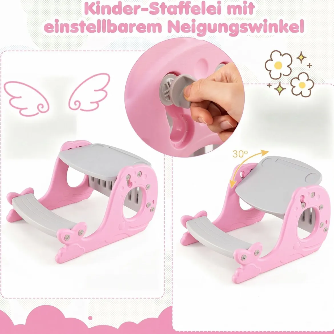 4 in 1 Kinder Staffelei in Walform mit Bank & Doppelseitiger Tischplatte & Whiteboard Rosa