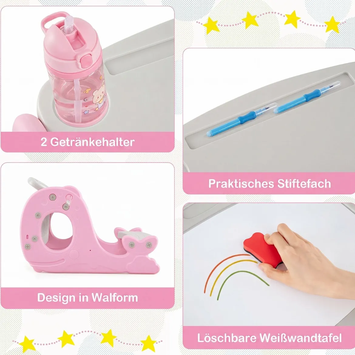4 in 1 Kinder Staffelei in Walform mit Bank & Doppelseitiger Tischplatte & Whiteboard Rosa