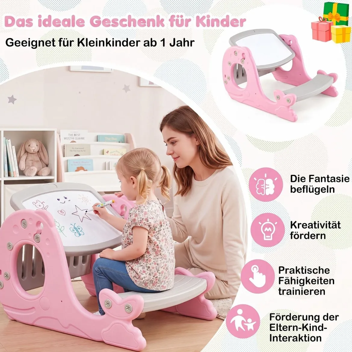 4 in 1 Kinder Staffelei in Walform mit Bank & Doppelseitiger Tischplatte & Whiteboard Rosa