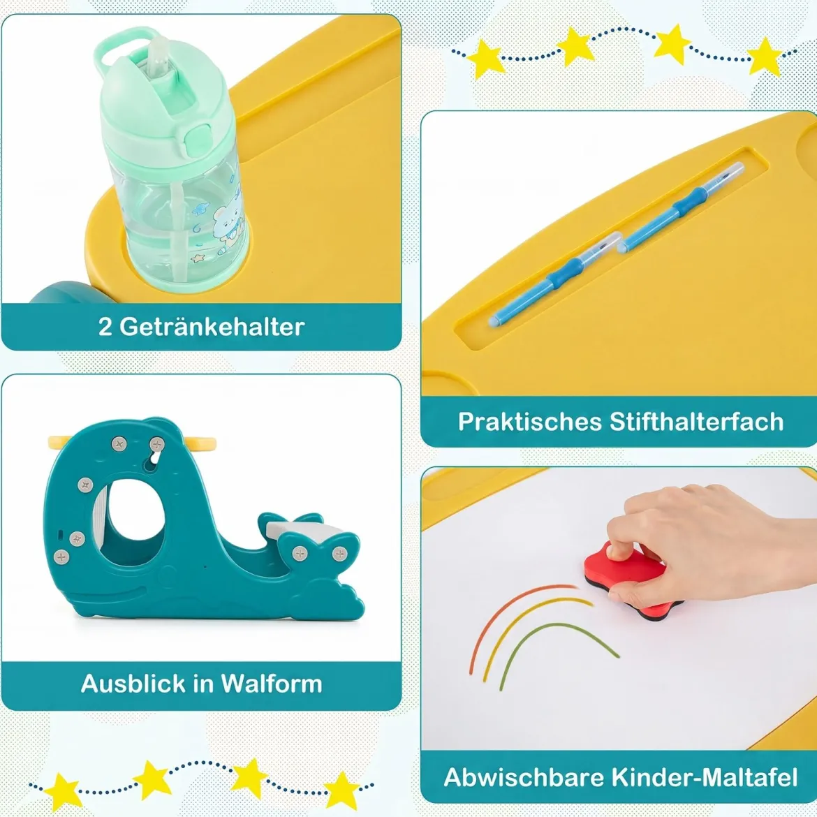4 in 1 Kinder Staffelei in Walform mit Bank & Doppelseitiger Tischplatte & Whiteboard Gelb