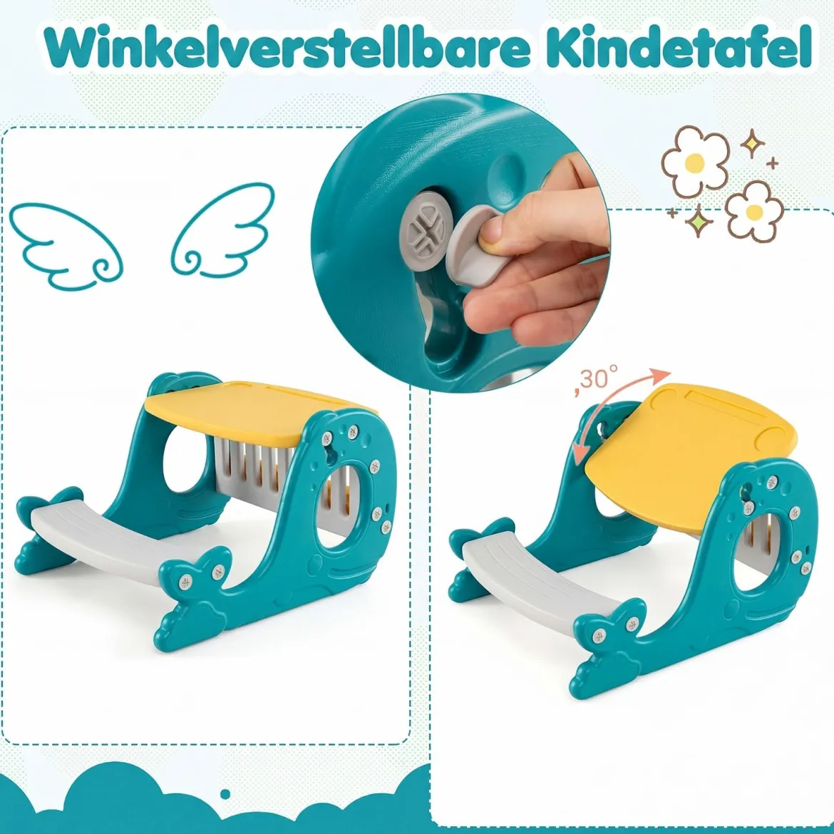 4 in 1 Kinder Staffelei in Walform mit Bank & Doppelseitiger Tischplatte & Whiteboard Gelb