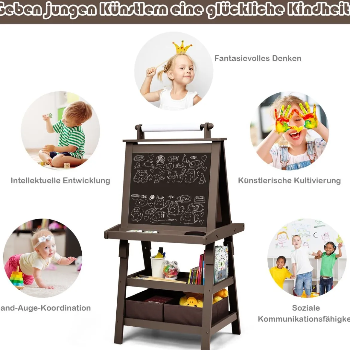 3 in 1 Kinder Staffelei Kindertafel doppelseitig Whiteboard Standtafel inkl. Magneten für Kleinkinder Kaffee