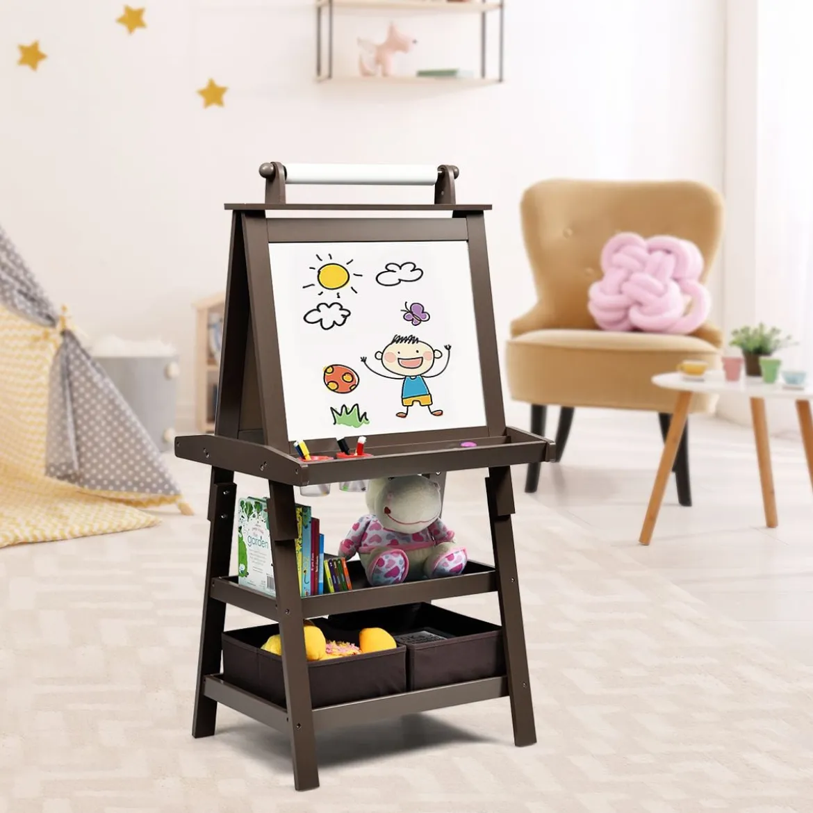 3 in 1 Kinder Staffelei Kindertafel doppelseitig Whiteboard Standtafel inkl. Magneten für Kleinkinder Kaffee