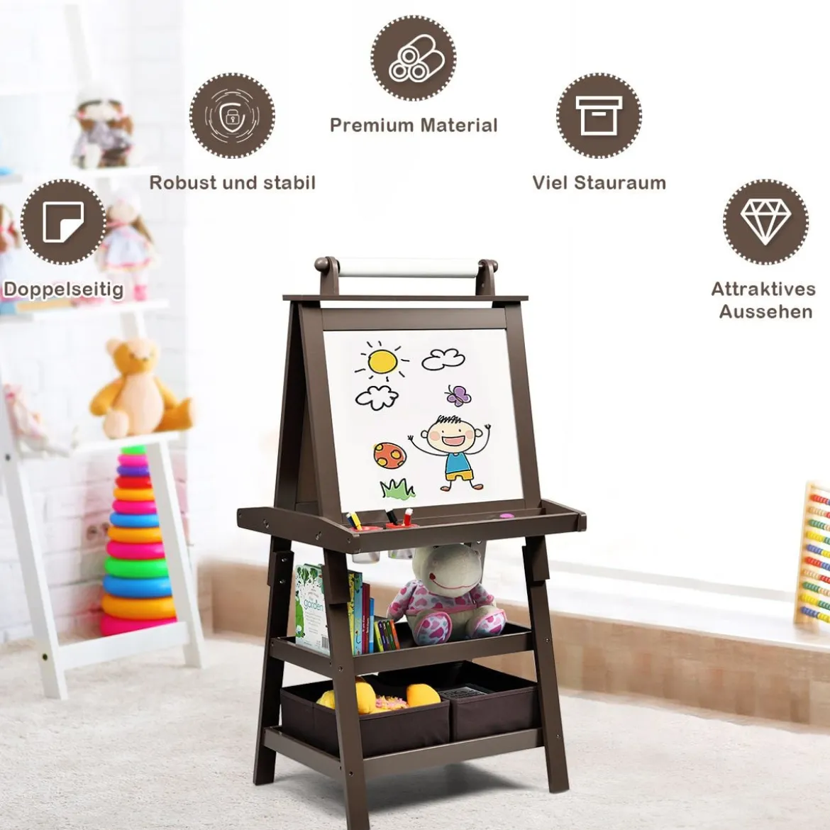 3 in 1 Kinder Staffelei Kindertafel doppelseitig Whiteboard Standtafel inkl. Magneten für Kleinkinder Kaffee