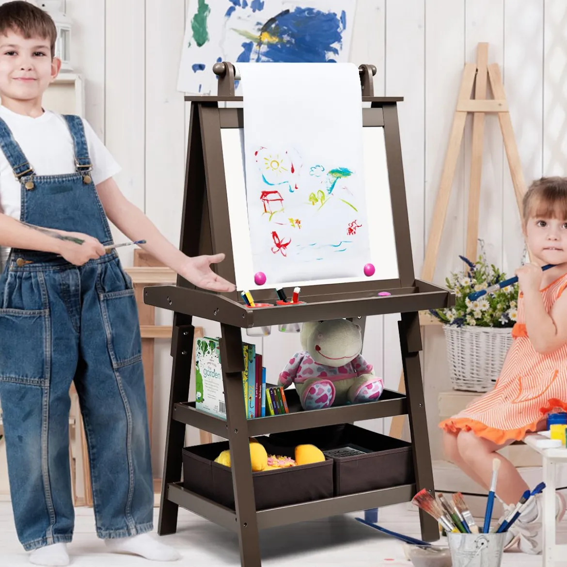 3 in 1 Kinder Staffelei Kindertafel doppelseitig Whiteboard Standtafel inkl. Magneten für Kleinkinder Kaffee